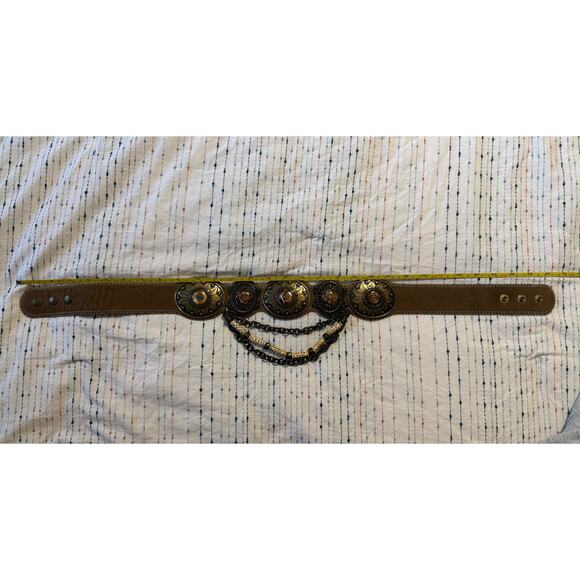 VTG Streets Ahead Brass Carved Bone Leather Belt XS Chain Whimsy Boho Fairy main image 7